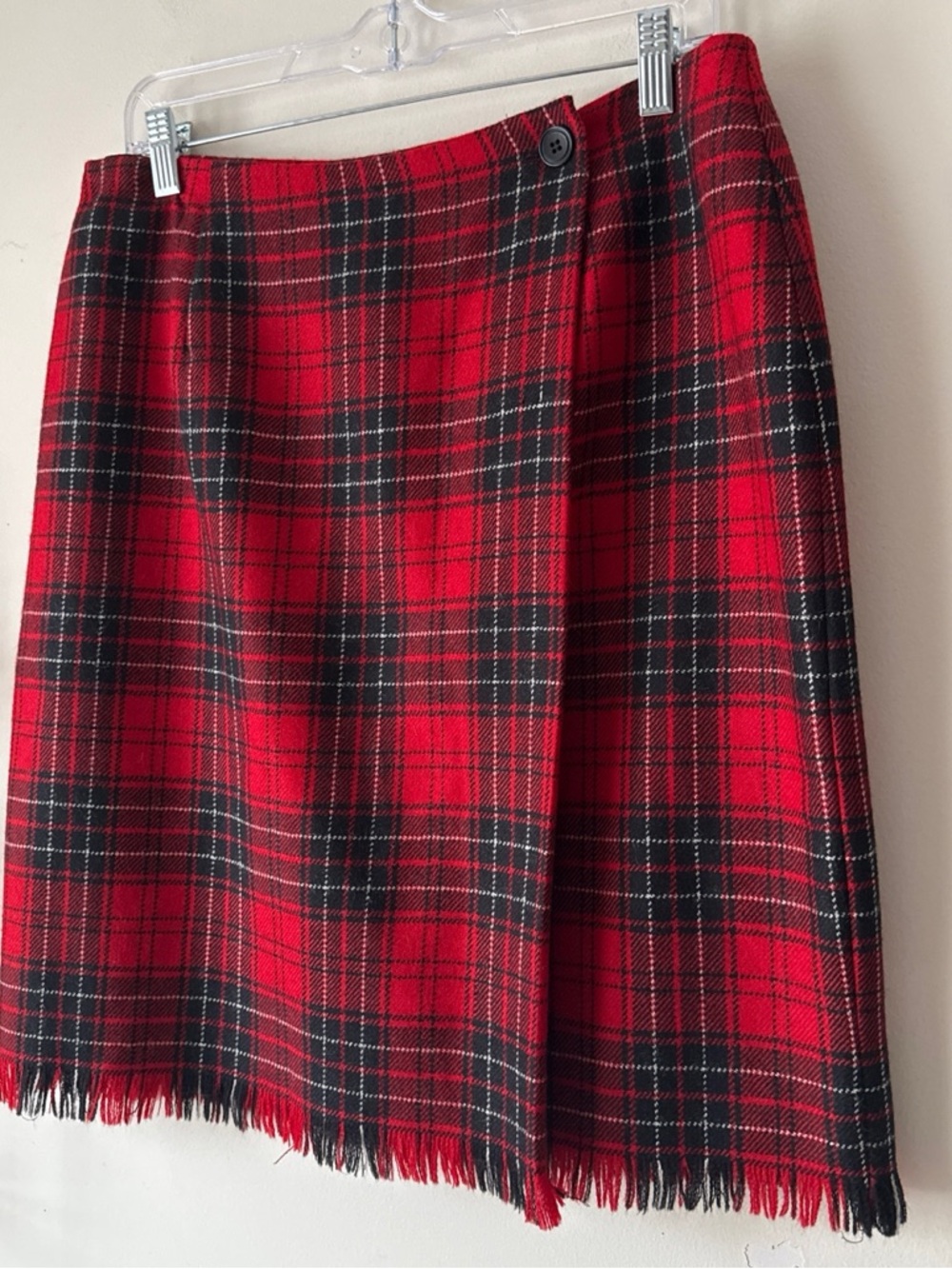 Rafaella Vintage 90s Red Tartan Plaid Worsted Wool Fringe Hem Wrap Skirt Size 16 - Picture 4 of 16